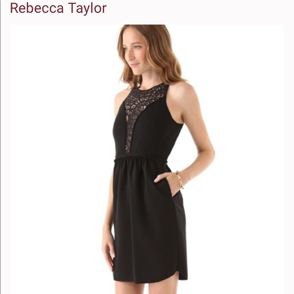 Rebecca Taylor black dress with side pockets, lace plunge neckline size 0